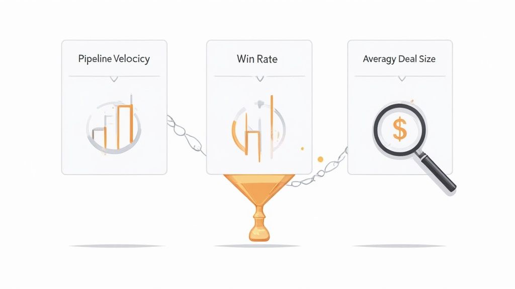 Three cards showing Pipeline Velocity, Win Rate, and Average Deal Size, connected to a sales funnel.