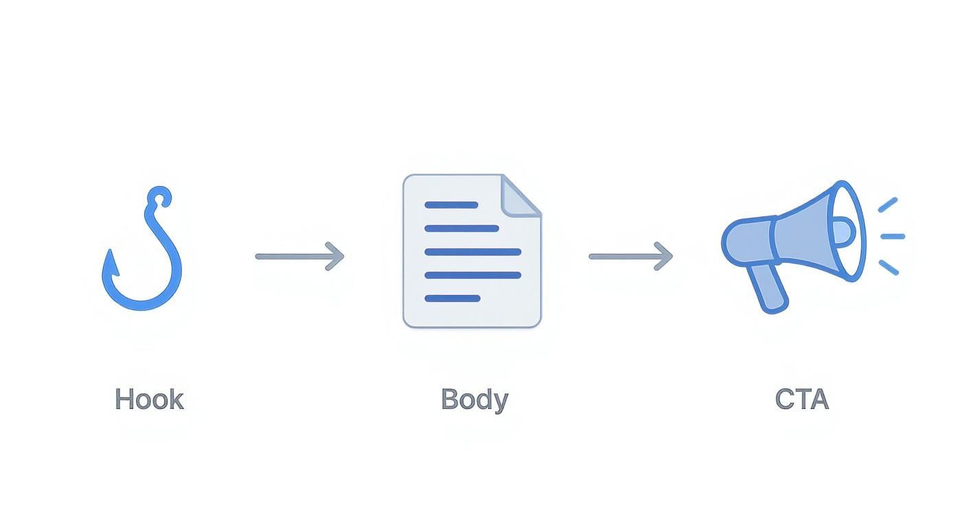 A diagram showing a marketing content flow: Hook (fishing hook), Body (document), and CTA (megaphone).