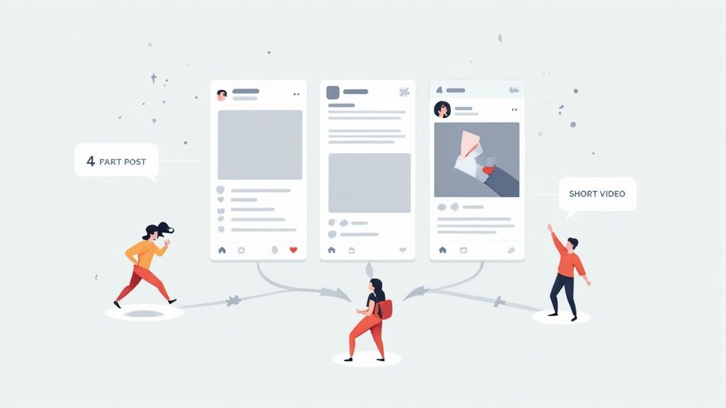 A person creating engaging content on a laptop, with icons for likes, comments, and shares floating around them.