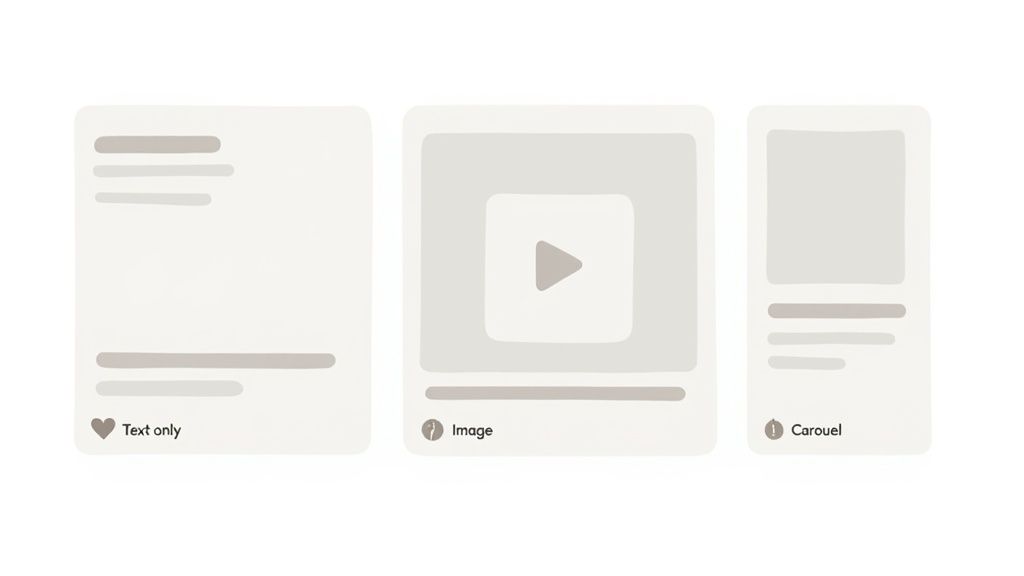 Three cards illustrating different LinkedIn content types: text only, image, and carousel posts.