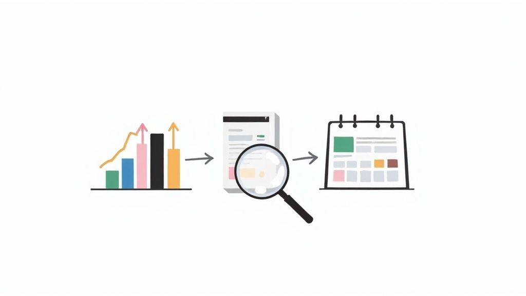 A chart showing growth leads to a document under a magnifying glass, then to a calendar, depicting content planning.