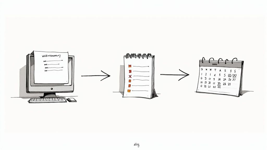 En student som sitter vid sitt skrivbord och fokuserat anmäler sig till högskoleprovet på sin laptop.