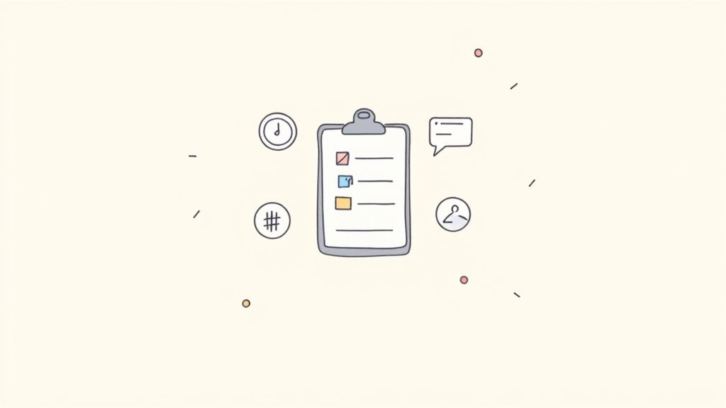 Hand-drawn illustration of a clipboard checklist with checkboxes, surrounded by icons for time, tags, chat, and people.