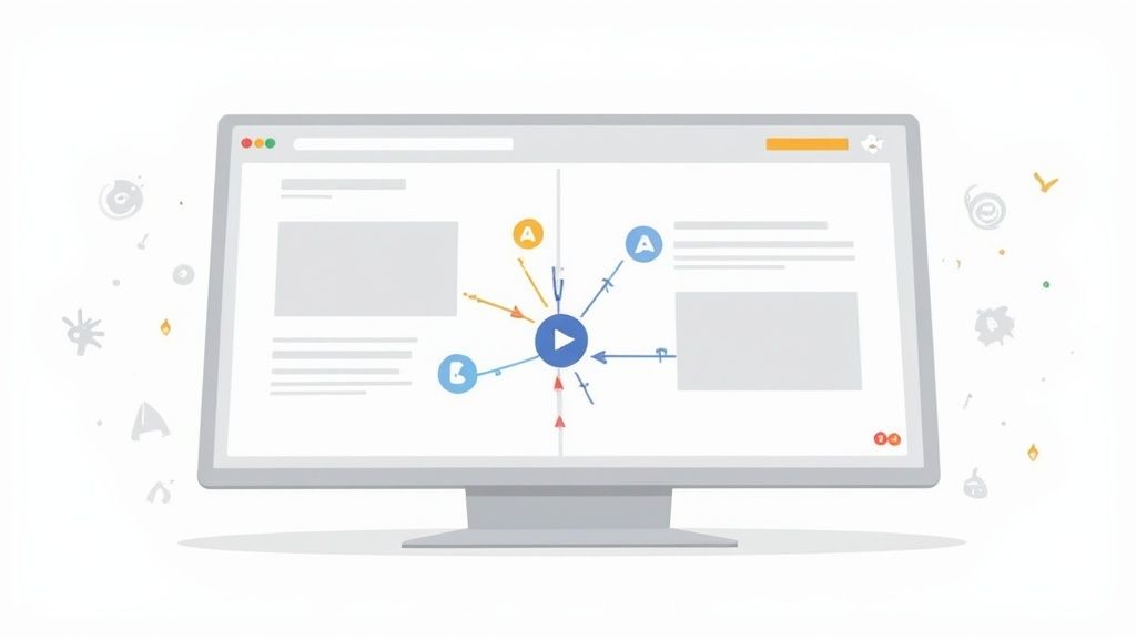 A monitor displays a webpage with a central play button, arrows, and A/B test elements, illustrating user paths.