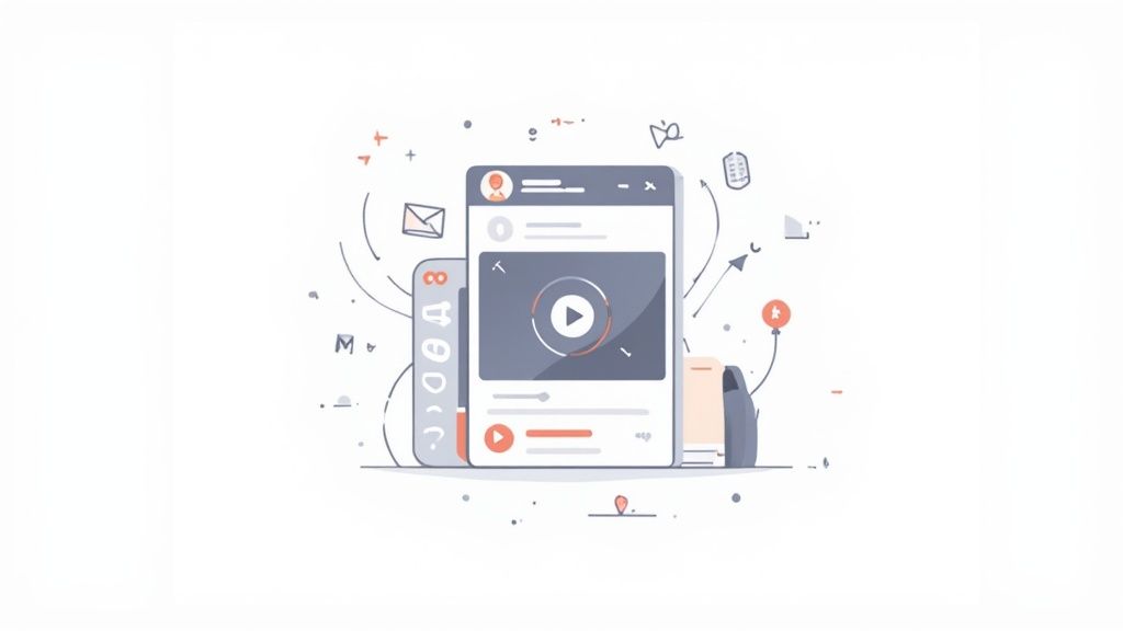 Digital communication concept showing a phone playing a video, surrounded by devices and social media icons.