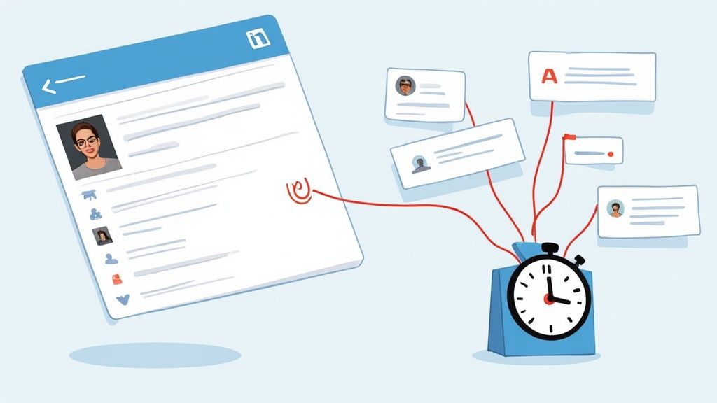 A professional using a laptop to automate lead generation on LinkedIn, with GetViewsAI interface visible.