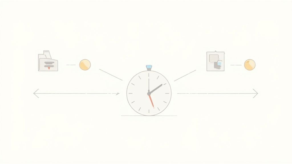 A timeline with a central stopwatch, showing a process from an input icon to a screen output, symbolizing time management.