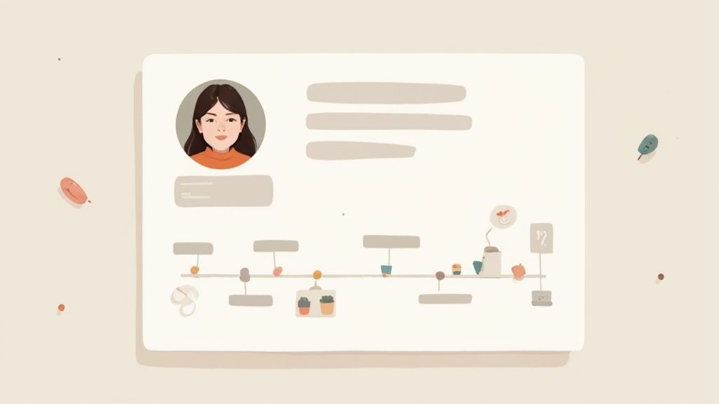 Illustrated user profile dashboard displaying customer journey timeline with profile avatar and information placeholders