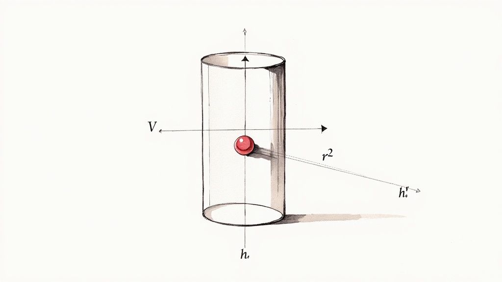 En transparent cylinder med en röd kula i mitten, omgiven av märkta axlar för volymberäkning.