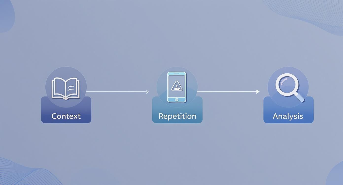 Diagram som visar en inlärningsprocess: Kontext (bok), Repetition (telefon med varning) och Analys (förstoringsglas).