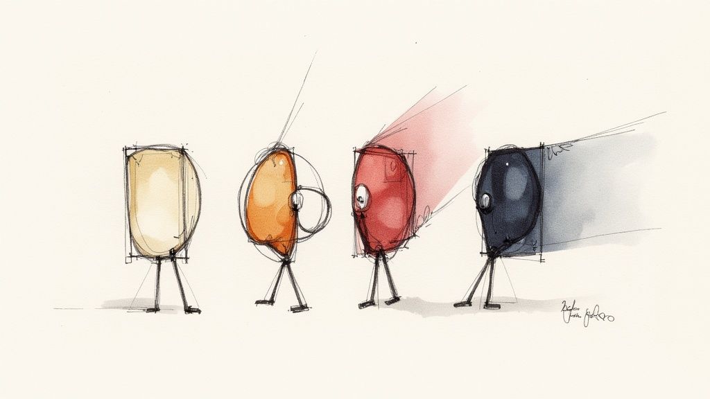 En illustration av fyra abstrakta figurer i olika färger och former som går, med ljusstrålar från några.