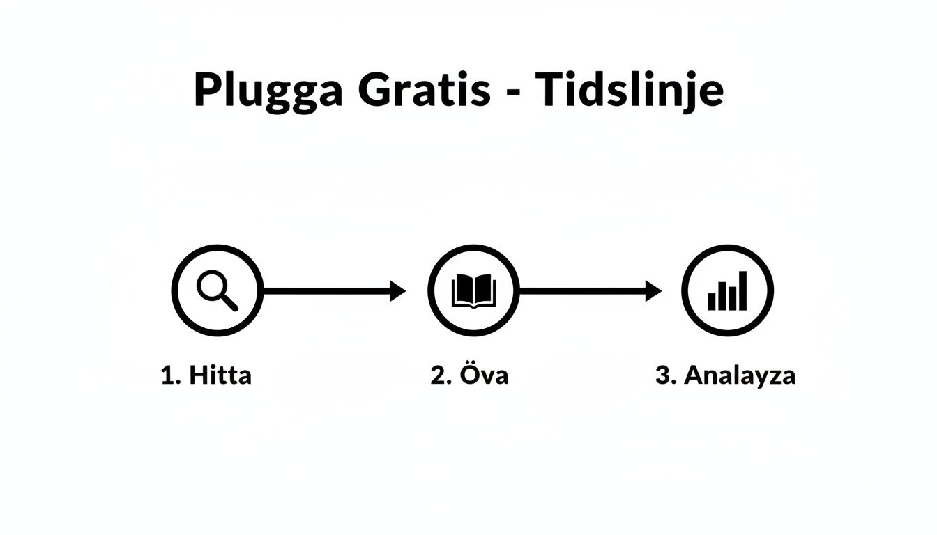 En tidslinje för att plugga gratis, med ikoner som representerar stegen Hitta, Öva och Analysera.