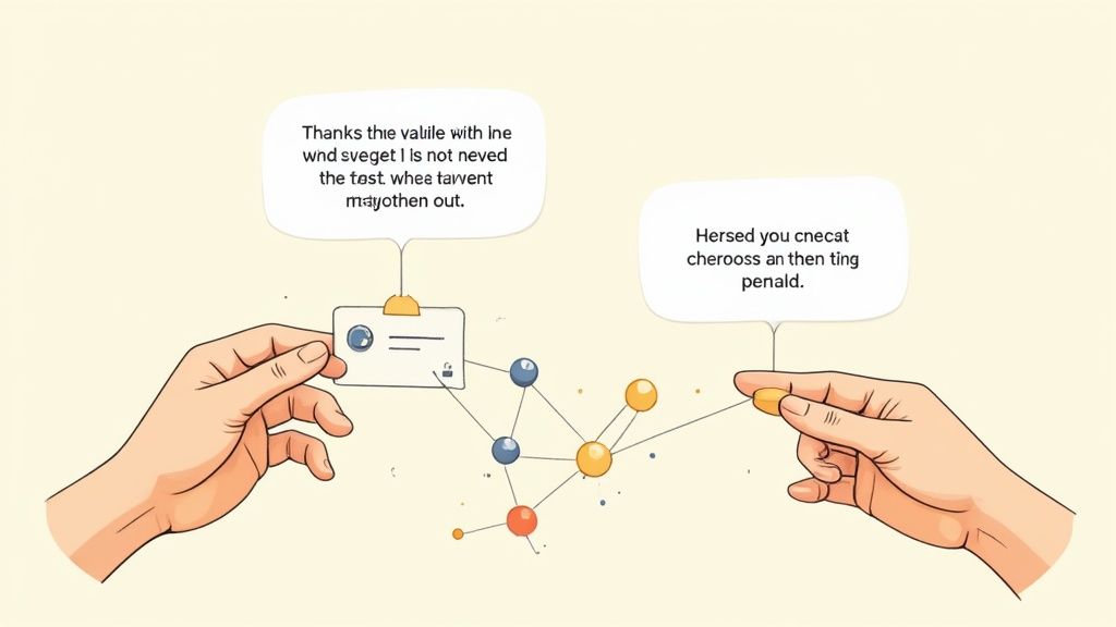 Two hands interacting with a connected network of data nodes and an ID card.
