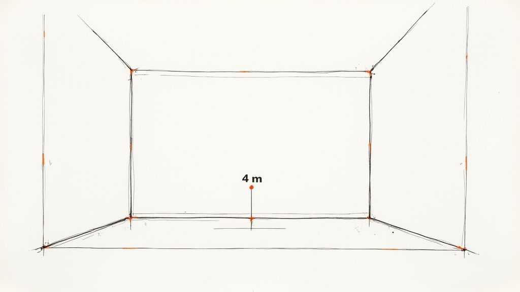 En enkel perspektivskiss av ett rum, med en punkt märkt '4 m' inuti, markerad med orange prickar.
