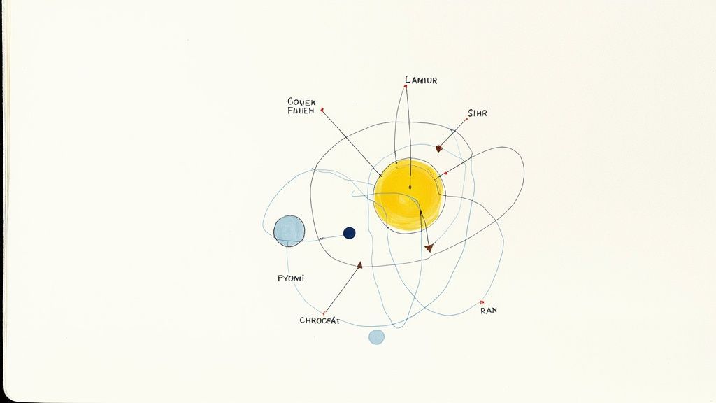 Ett handritat diagram av ett planetsystem med en gul stjärna och flera planeter, med namn och banor.
