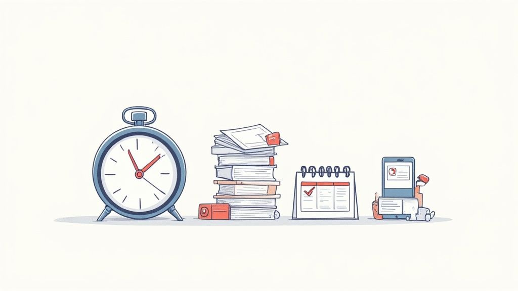 Illustration of productivity tools including a clock, stacked books, a calendar, and a mobile device.