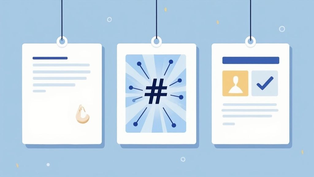 Three hanging documents illustrate social media content, a trending hashtag, and a verified profile.