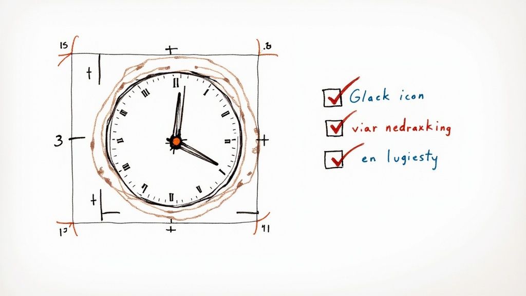 Handritad klocka i en ruta med mätpunkter och en checklista med tre punkter.