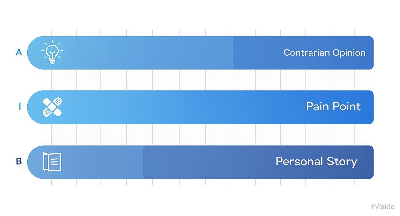Horizontal bar chart showing 'Contrarian Opinion', 'Pain Point', and 'Personal Story' with icons.