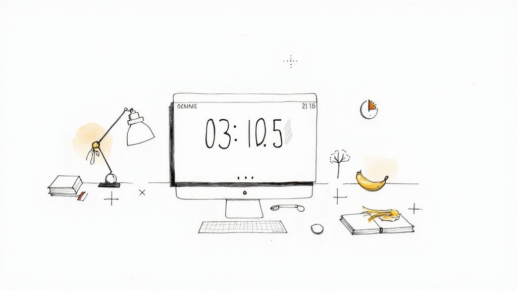 Minimalistisk linjeteckning av ett skrivbord med dator, lampa, böcker, en banan och klocka på en vit bakgrund.