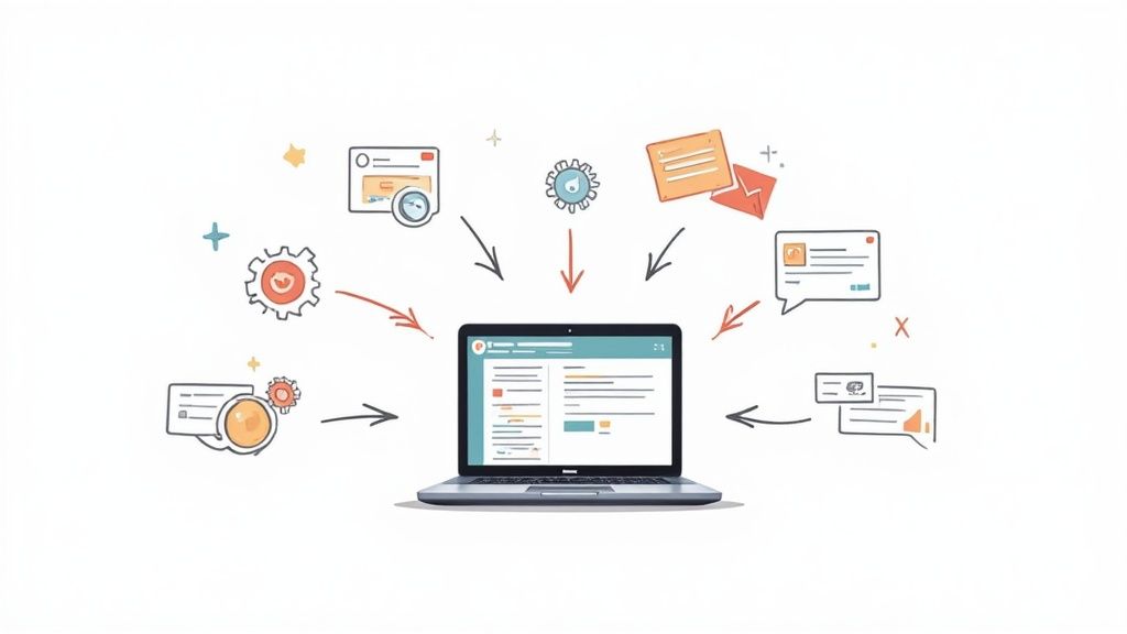 An illustrated dashboard showing analytics and automation workflows, symbolizing smart sales tools.