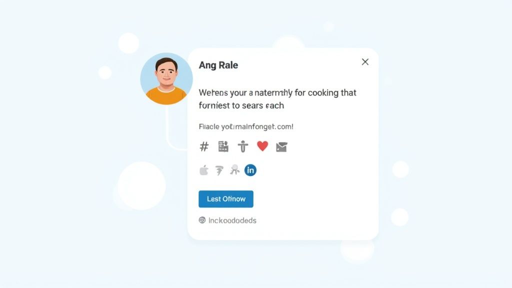 A social media profile card for Ang Rale featuring text, various icons, and a call-to-action button.