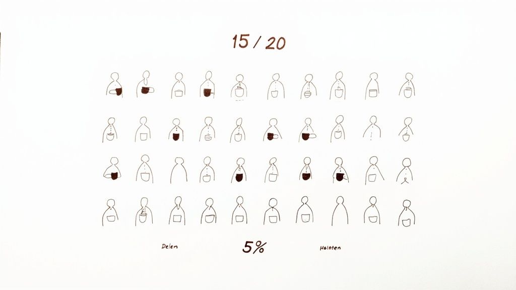 Illustration med 20 streckgubbar, varav 15 håller en kopp, med texten 15/20, 5% samt Delen och Helheten.