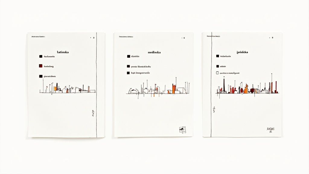 Tre vita kort med rubriker, legender och stiliserade stadssiluetter i svart, rött och orange.