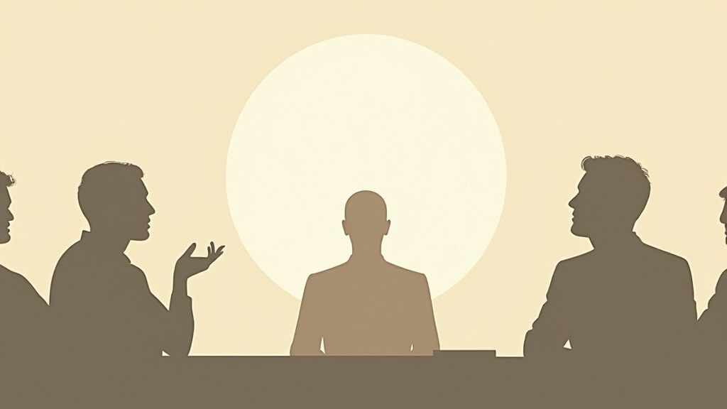 A confident leader standing at the head of a conference table, demonstrating composure and authority.