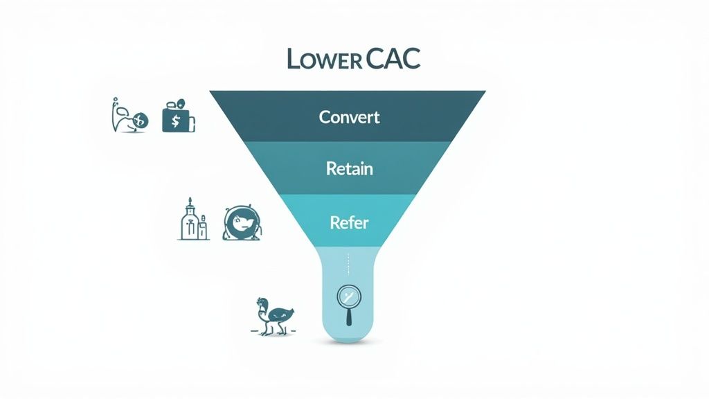 A marketing funnel diagram with stages: Convert, Retain, Refer, illustrating how to lower CAC.