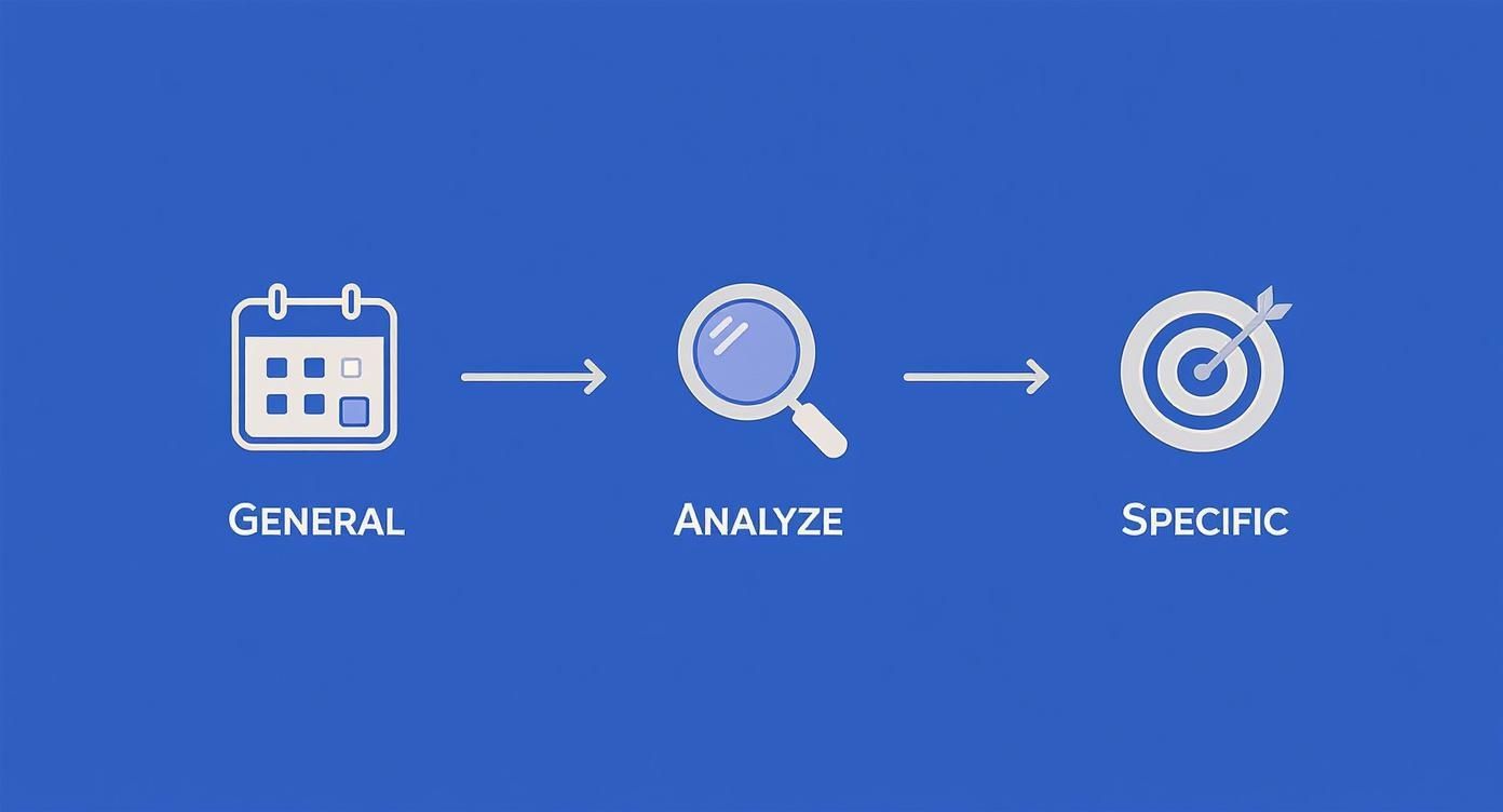 A visual process flow diagram showing calendar (General), magnifying glass (Analyze), and target (Specific) icons.