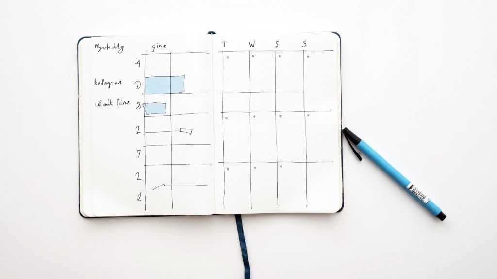 En öppen anteckningsbok med en handritad kalender och bullet journal-layout samt en blå penna på en vit bakgrund.