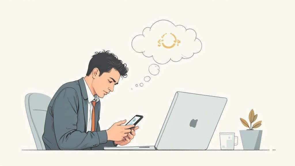 An illustrated businessman uses his smartphone at a desk with a laptop, a refresh icon in his thought bubble.