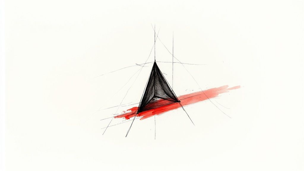 En minimalistisk illustration med en svart geometrisk form, linjer och ett rött penseldrag på vit bakgrund.