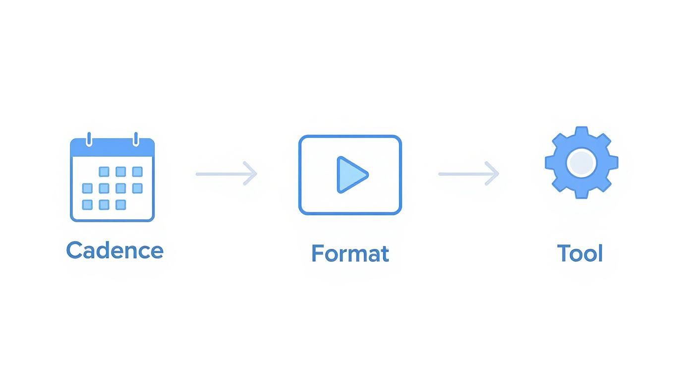 A flowchart illustrates content creation steps: Cadence (calendar icon), Format (play button icon), and Tool (gear icon).