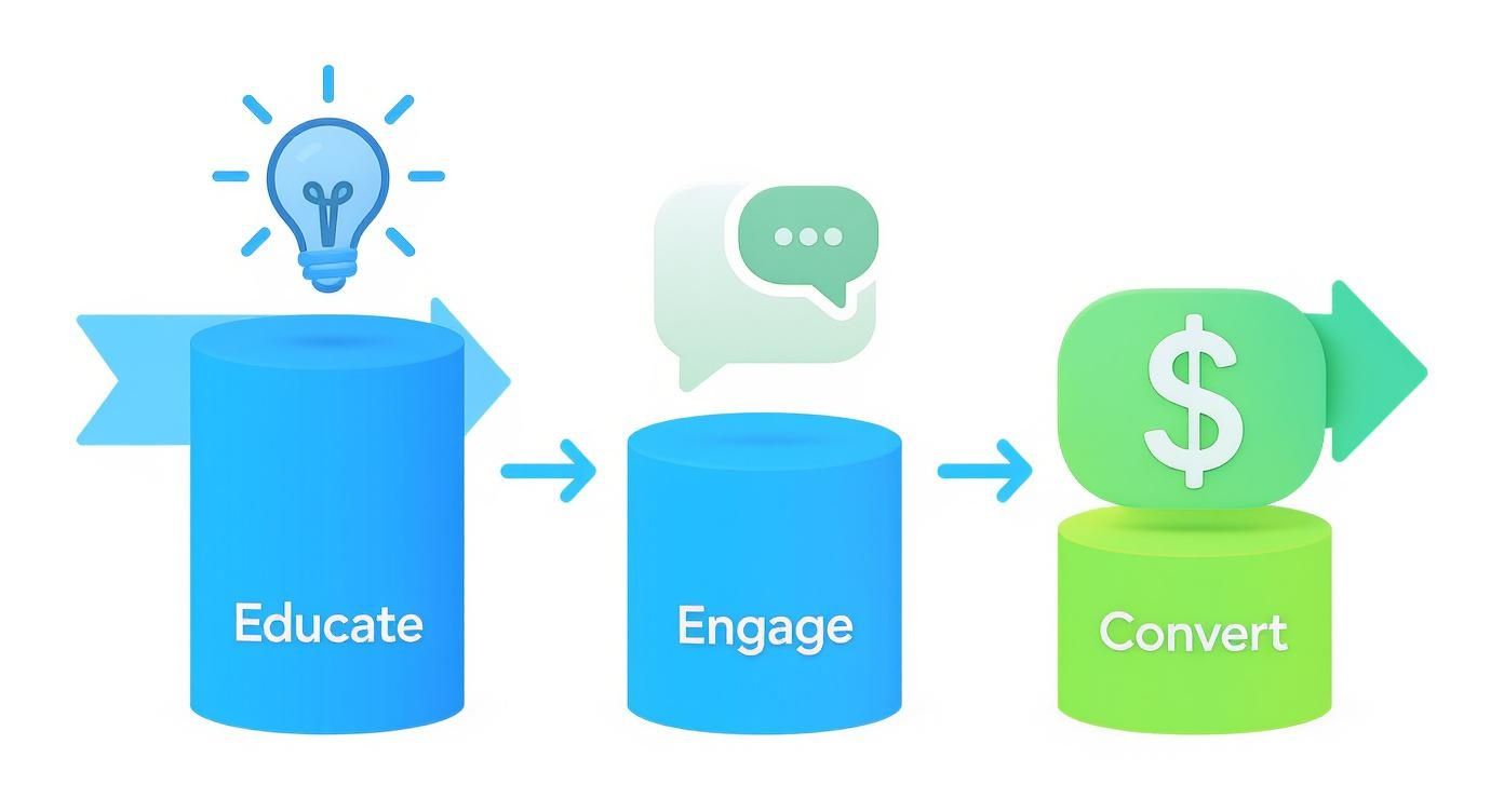 An infographic illustrating the content pillars of Educate, Engage, and Convert, showing a process flow from left to right with icons for each step.