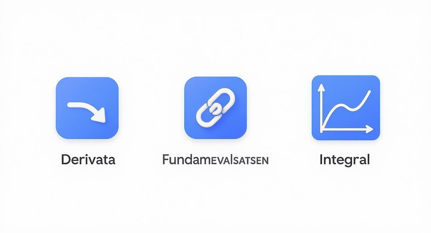 Tre blåa appikoner för matematik. Första visar en nedåtböjd pil för Derivata, andra en länksymbol för FundameVALSATEN, och den tredje en graf med en kurva för Integral.