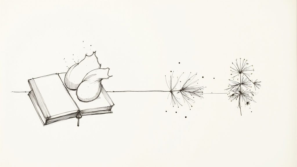 En skiss med en öppen bok, två mjuka former, en linje och stiliserade växter med prickar.