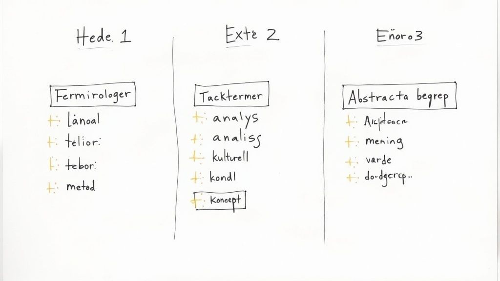Handskrivna anteckningar med tre kolumner av svenska ord och begrepp, organiserade under rubriker för studier.
