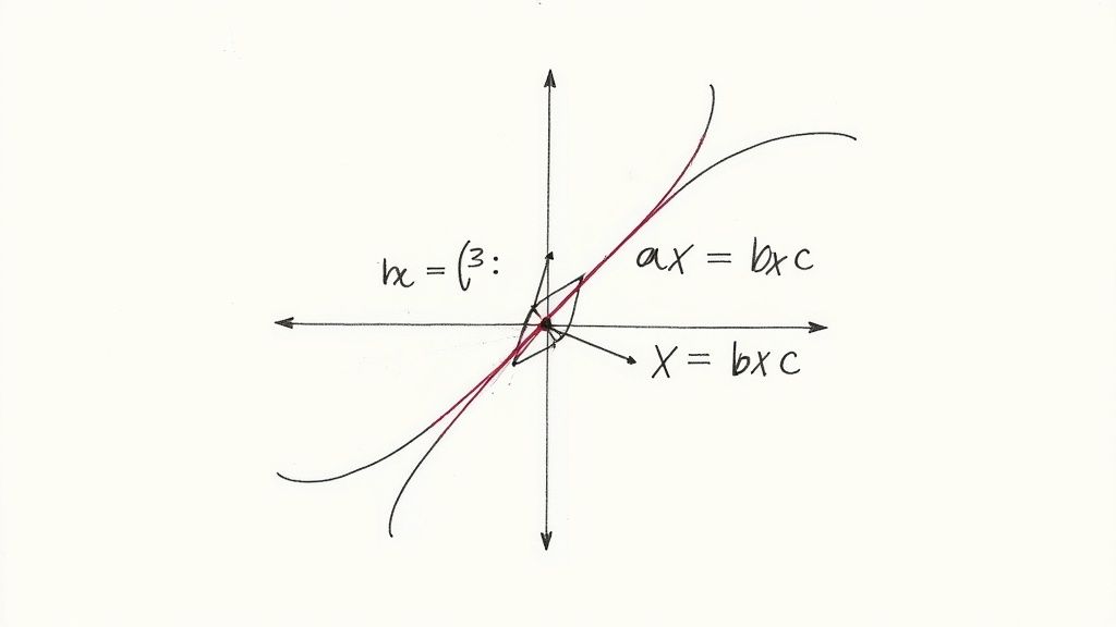 En handritad matematisk graf med korsande axlar, en röd linje, en svart kurva och ekvationer.