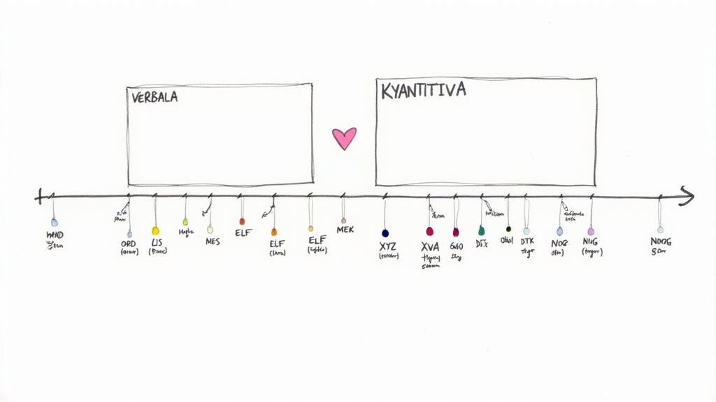 Tidslinje som visar Högskoleprovets struktur med verbala och kvantitativa delar samt olika sektioner.
