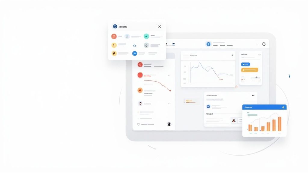 A clean, modern digital dashboard with various charts, graphs, and data visualizations on a white background.
