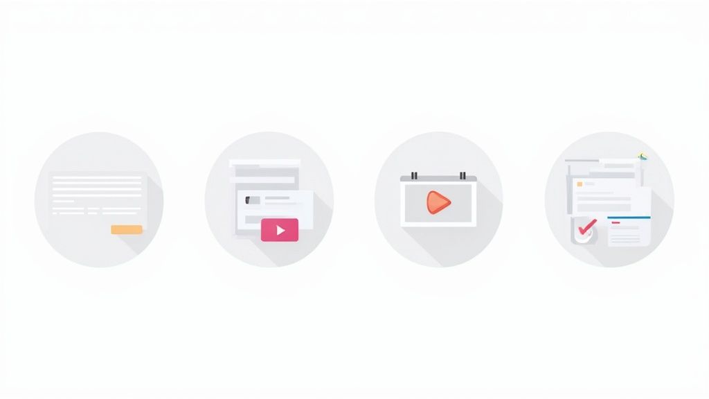 Four flat design icons: content form, video player, calendar with video, and task checklist.