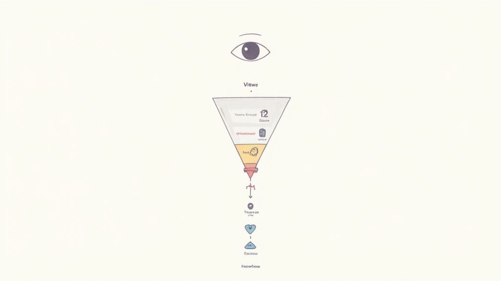 A diagram showing a marketing funnel illustrating content performance metrics, from views to engagement.