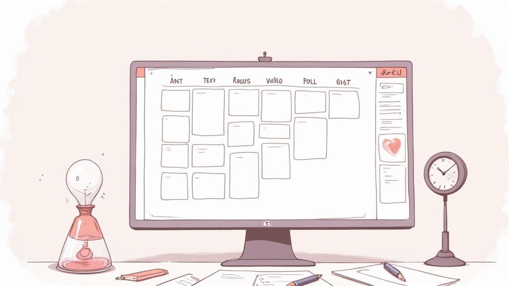 A creative digital workspace featuring a computer screen with a content planner, a unique hourglass lamp, and a desk clock.