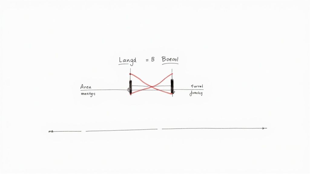 Handritat diagram som visar ett förhållande mellan 'Längd' och 'Boeol' med korsande linjer på en vit bakgrund.