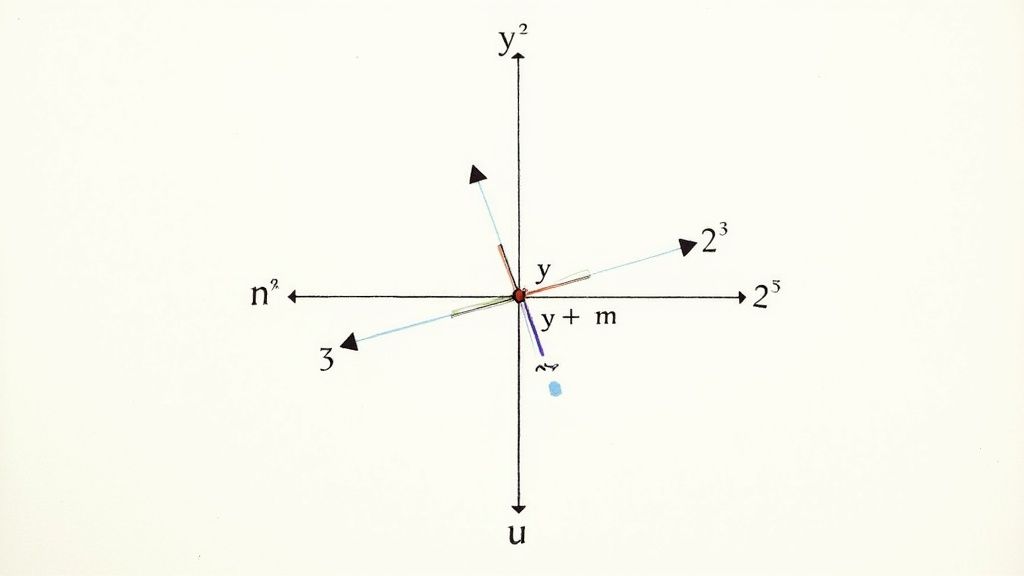 Diagram som visar en central punkt med flera märkta axlar och vektorer i ett koordinatsystem, inklusive y², u och n².