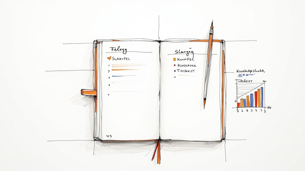 Handritad bild av en öppen anteckningsbok med listor, en penna och ett stapeldiagram.