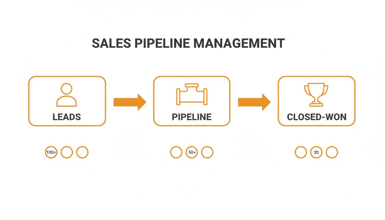 An infographic illustrating the sales pipeline management process from leads to closed-won deals with associated quantities.