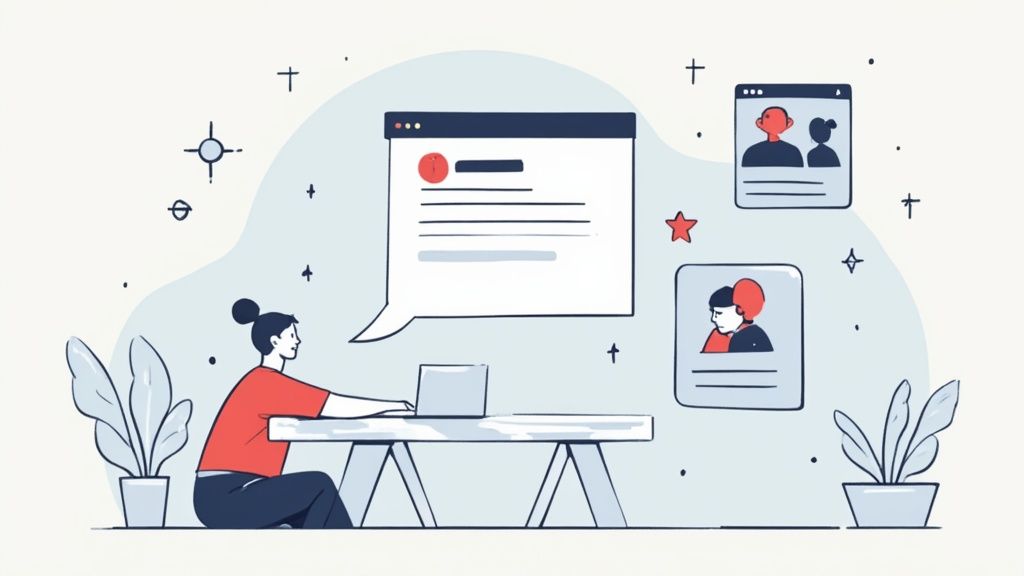 Woman at desk using laptop to connect with professional contacts on social media platform